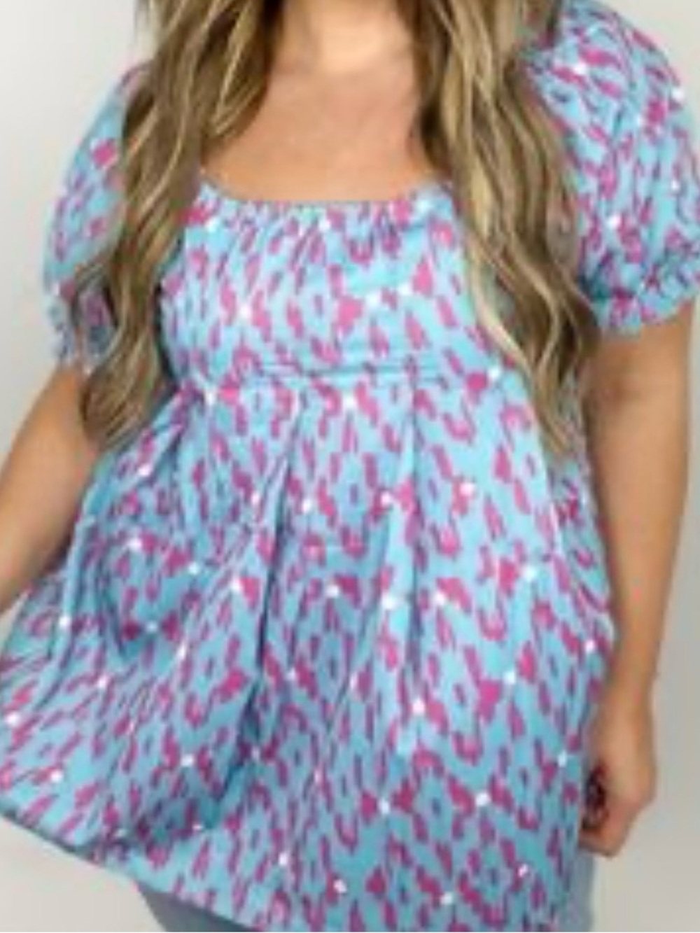 Southern Grace Blue and Pink Smocked Square-Neck Puff Sleeve Blouse